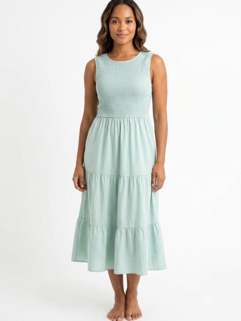 Zesica Teal Seafoam Sleeveless Smocked TIe Back Midi Calf Length Tiered Dress S